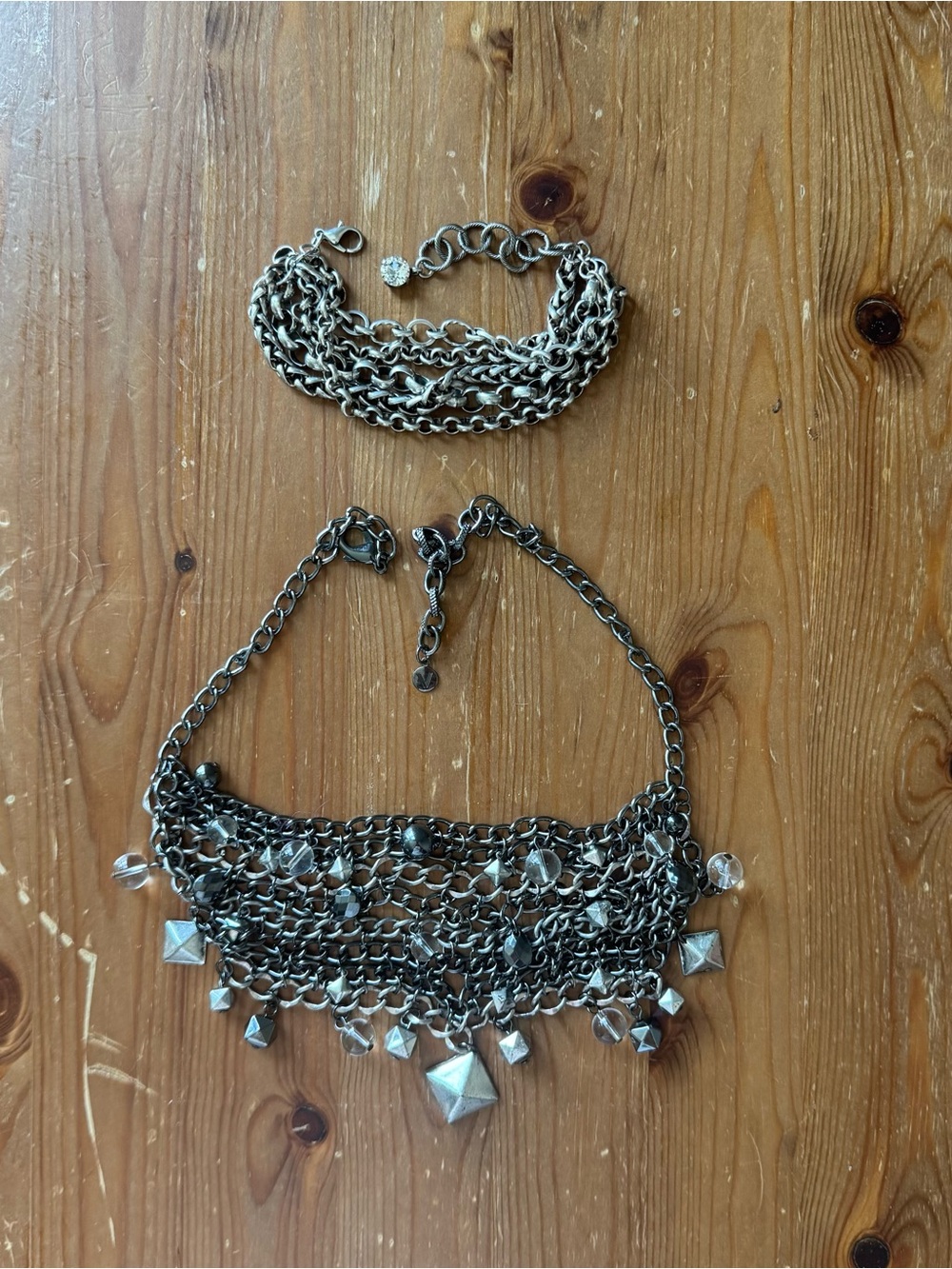 Gothic Punk Silver Chain Bib Necklace & Rhinestone Clasp Bracelet Lot